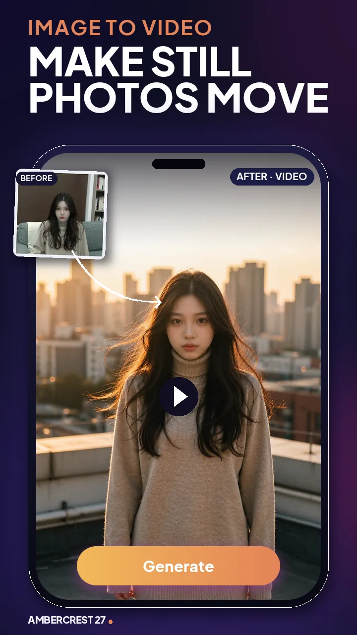 Our app’s Image to Video screen: a casual living-room snapshot turned into a sunlit rooftop moment, with the Generate button below.